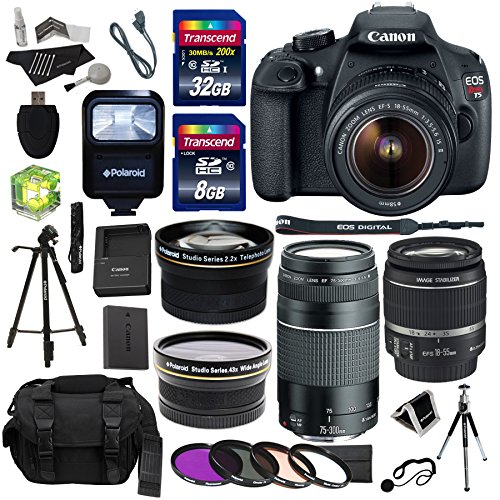 Canon-EOS-Rebel-T5-Digital-SLR-Camera-Body-with-EF-S-18-55mm-IS-EF-75-300mm-f4-56-III-Polaroid-Studio-Series-58mm-Wide-Angle-and-58mm-Telephoto-Lenses-40-GB-Storage-Polaroid-Tripods-3-Filters-Deluxe-B-0
