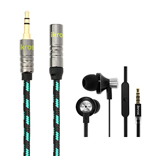 iKross-Black-Metallic-In-Ear-35mm-Noise-Isolation-Stereo-Earbuds-with-Mic-Extension-Cable-for-Apple-iPhone-6-Plus-6-iPhone-5S-5C-5-Smartphone-Cellphone-Tablets-and-MP3-Players-Cable-Black-Green-10ft-0