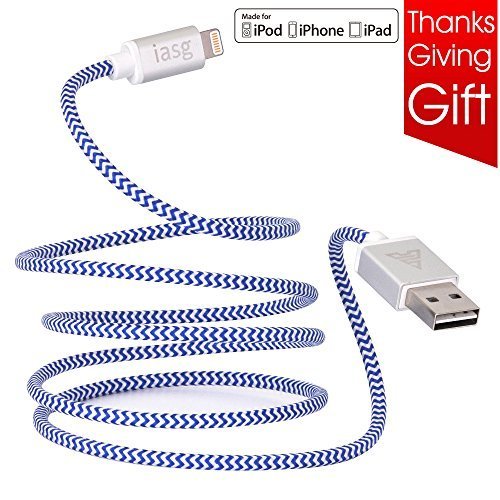 Apple-MFi-certified-iasg-cotton-braided-lightning-cable-with-reversible-USB-for-iPhone5s-6-6s-6-plus-iPad-Pro-Air2-Air-mini4-2-iPod-touch-5th-generationiPod-nano-7th-gen-33feet1meter-white-and-blue-0